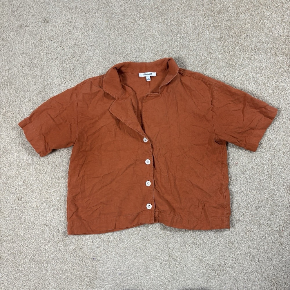 Madewell Resort Linen Crop Shirt Womens XS Burnt Orange Boxy Camp Shirt Earthy